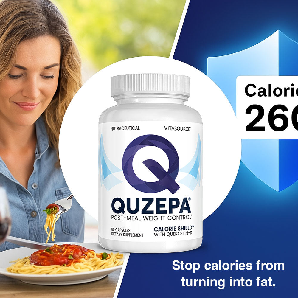 Bottle of QUZEPA post-meal weight control supplement with a woman eating pasta.