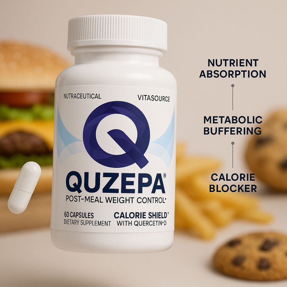 Supplement bottle labeled QUZEPA with a blurred background of food items.