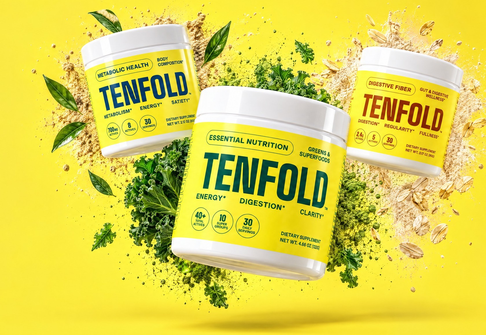 Tenfold Metabolic Health, Essential Nutrition and Digestive Fiber tubs